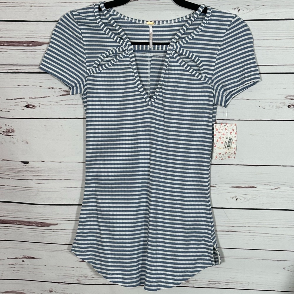 Free People Ink Blue Short Sleeve Top Blue Striped NWT Size S